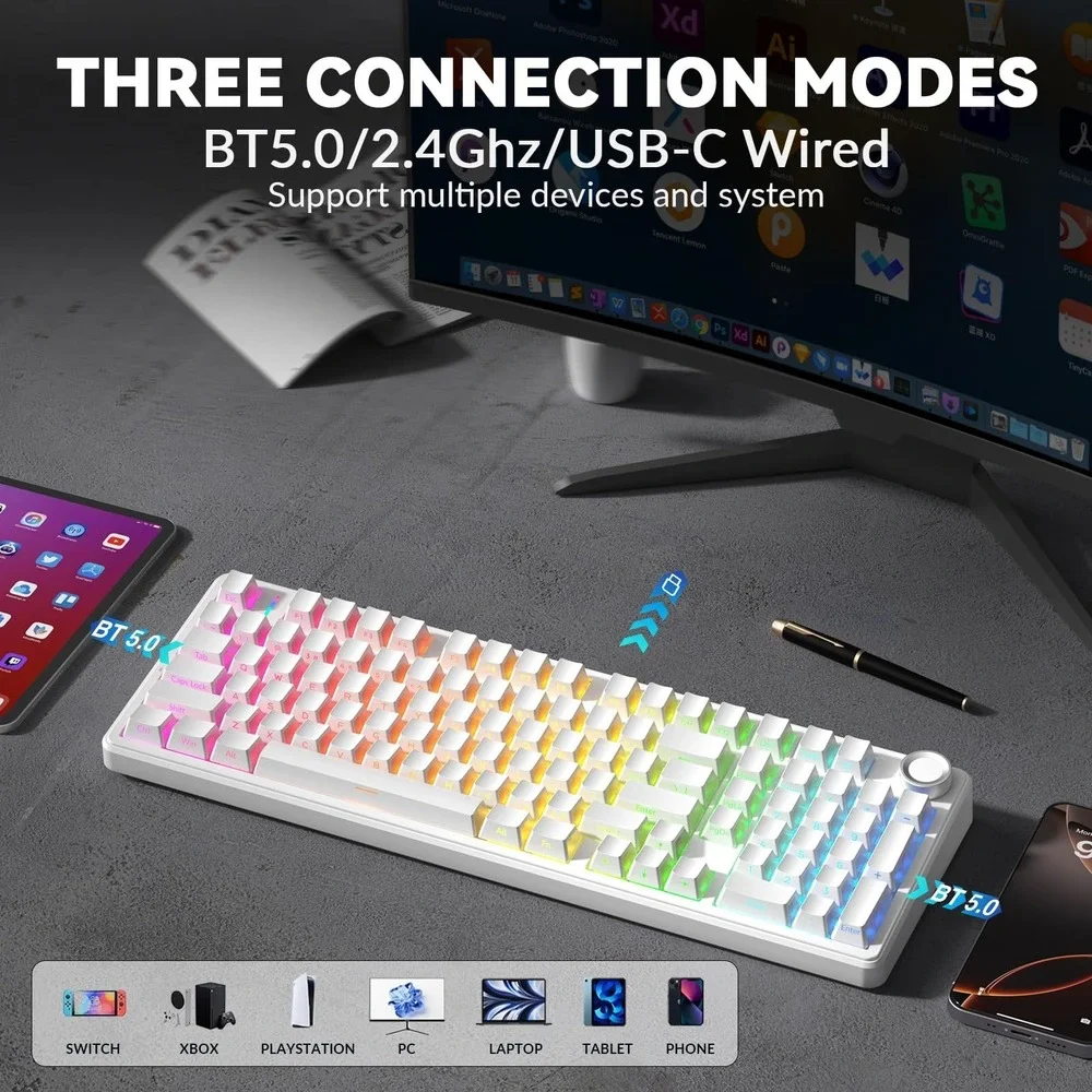 AULA F99 Pro Wireless Mechanical Keyboard Silent White RGB Hot Swappable Gaming